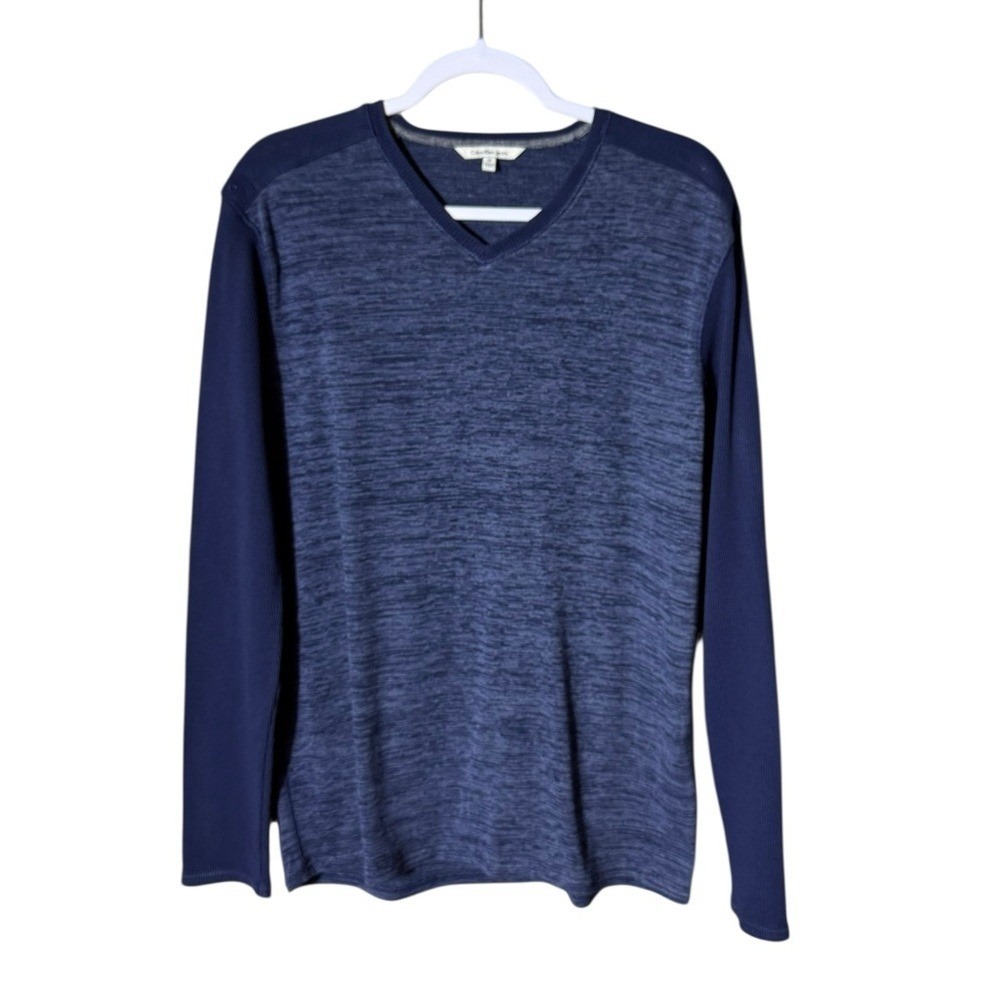 Calvin Klein Mens Sweater Size Medium Quiet Luxury Preppy Blue V Neck‎ Heritage